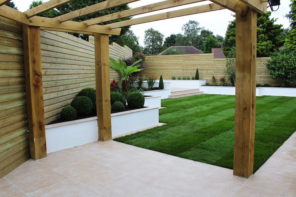 Pergola, raised beds and lawn