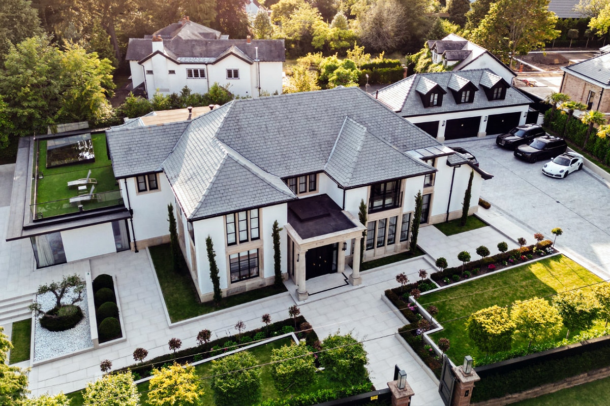 Aerial view of a landscaped home and garden